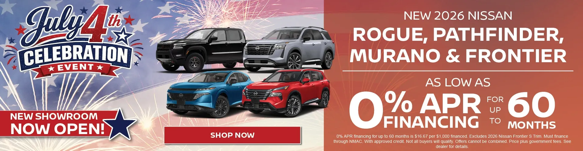 Nissan of Fort Myers July 4th sale: new 2026 Rogue, Pathfinder, Murano and Frontier at 0% APR for 60 months.